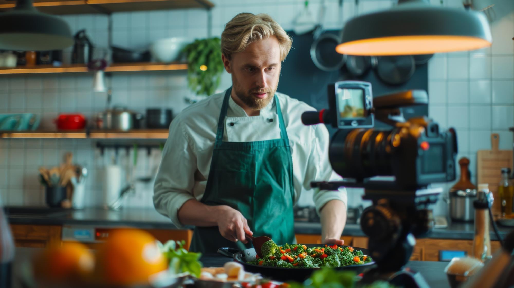 Chef demonstrating a recipe in a calm studio kitchen